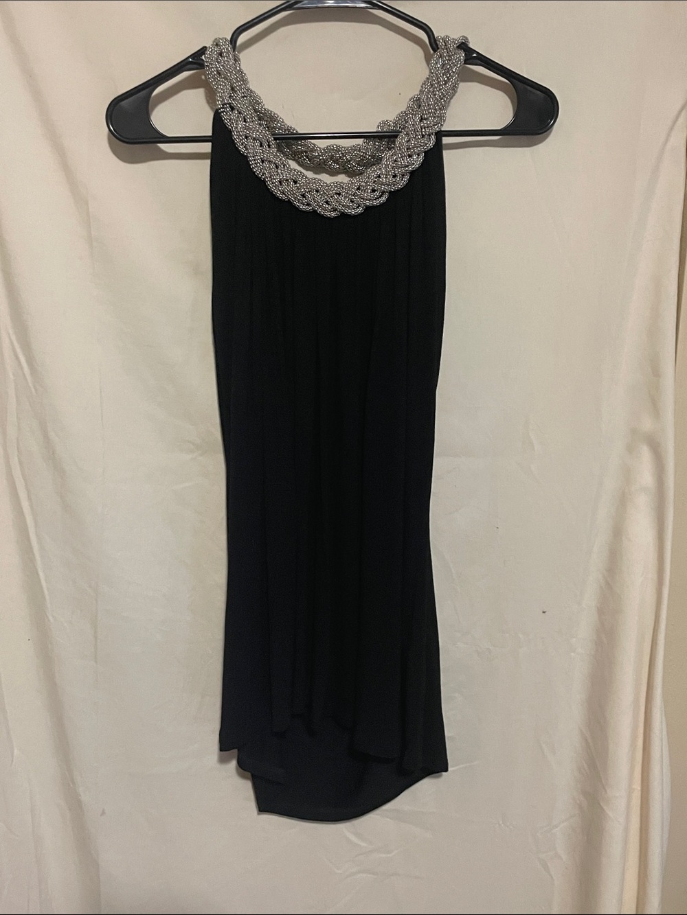 Cable & Gauge Elegant Black Halter Top with Silver Braided Neckline. Striking!!!